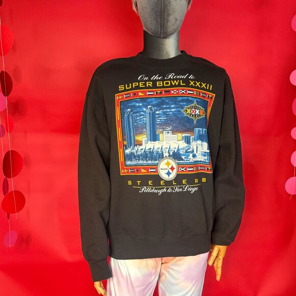 Vintage Sports Fan Gift Set – 1990s Steelers Super Bowl XXXII Sweatshirt + Pins - Picture 1 of 12